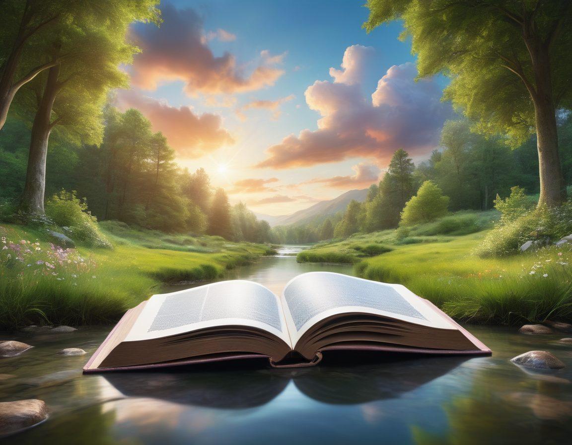 A serene landscape depicting an open book with ethereal illustrations of characters from Steven Erikson’s stories, radiating joy and cheerfulness. Soft, warm light filters through lush trees, symbolizing well-being. In the background, whimsical clouds resembling life’s challenges float peacefully, while a gentle stream reflects the tranquility of the scene. Bright, vibrant colors evoke positive emotions. super-realistic. vibrant colors. soft focus.